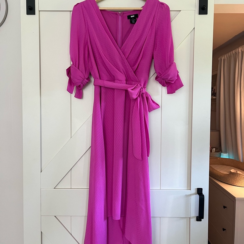 DKNY Pink Ruched Wrap Gown with Bow Sleeves